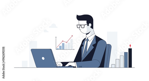Confident businessman working on laptop, demonstrating financial growth and business trends with bar charts, isolated white background.