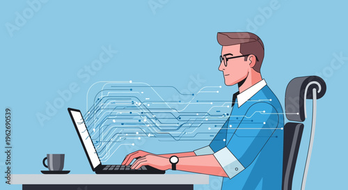 Focused businessman working on laptop with glowing digital circuits flowing from the screen, illustrating advanced data processing and technology in a bright studio