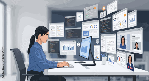 Productive young woman working in a modern office, multitasking with multiple computer screens displaying code, data dashboards, and video calls