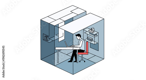 Businessman working on laptop in a conceptual isometric office cubicle, isolated white background