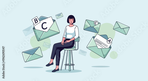 Young woman sitting surrounded by floating email envelopes, concept of digital communication, email marketing, and online correspondence in bright studio