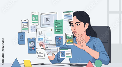 Thoughtful young woman brainstorming ideas and organizing tasks with sticky notes and digital icons in bright modern office