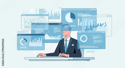 Professional businessman analyzing data and financial reports on multiple screens in bright modern office studio