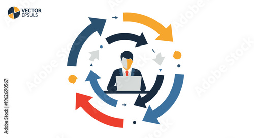 Businessman standing within a dynamic cycle of arrows, representing continuous process, workflow, and iterative development, isolated white background