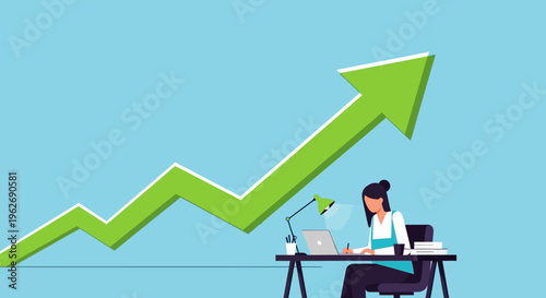 Focused woman working on laptop at desk with giant green upward arrow, business growth concept