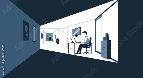 Focused businessman working alone on a computer in a modern, minimalist office with dark and light contrast, representing productivity and remote work