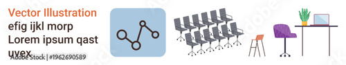 Business analytics, workspace planning, corporate setup, productivity, interior design, office essentials. Minimalist icons include a graph, office chairs desk laptop and plant. Business analytics