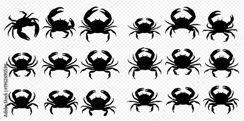 Collection of various crab silhouettes in black on a transparent background, showcasing different poses and sizes of marine crustaceans.