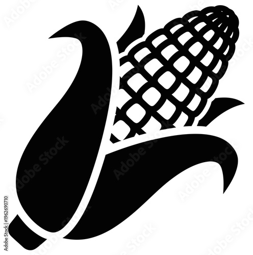 Black silhouette of an ear of corn with leaves on a white background illustration