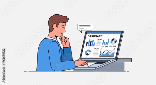 Pensive man analyzing business data and graphs on laptop dashboard, with hand on chin, in bright studio background.
