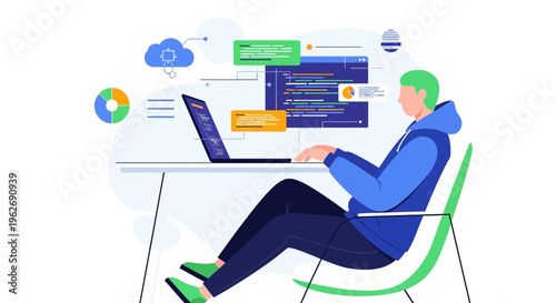 Man relaxed and focused on coding and web development on a laptop in a modern creative workspace, bright background.