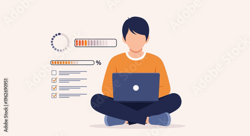 Man comfortably sitting cross-legged, focused on online learning and development on his laptop, bright background.