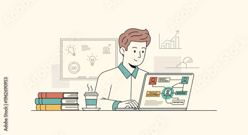 Man engaged in creative thinking and business development on laptop, surrounded by brainstorming elements in an office.