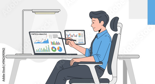 Man professionally working on his laptop, analyzing business operations and managing projects in a modern office.