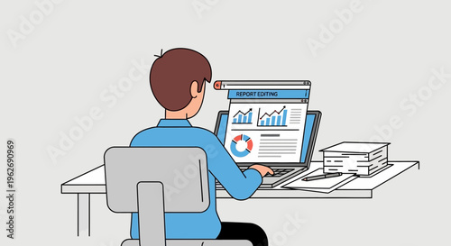 Man diligently editing reports and inputting data on his laptop in a professional office setting.
