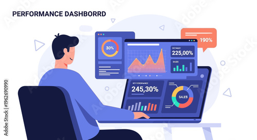 Young man analyzing business performance dashboard on laptop at his desk in an office