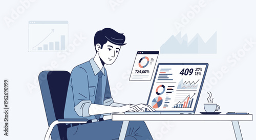 Man diligently working on laptop, analyzing charts and financial data in a modern office, bright background.