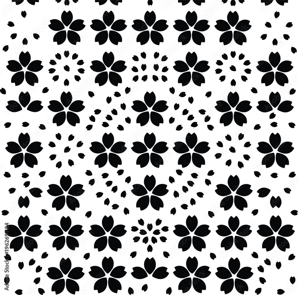 Fototapeta premium Seamless black and white japanese cherry blossom design with falling sakura petals and traditional floral motifs.
