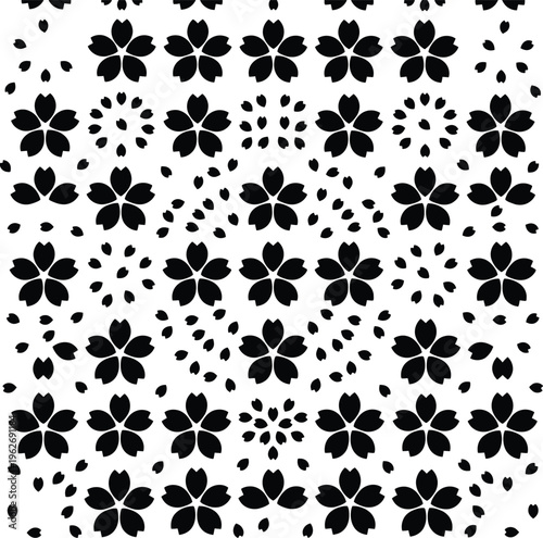 Seamless black and white japanese cherry blossom design with falling sakura petals and traditional floral motifs.