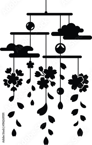 Silhouette of a hanging mobile with Japanese cherry blossoms, clouds, and falling petals vector rendering graphic.