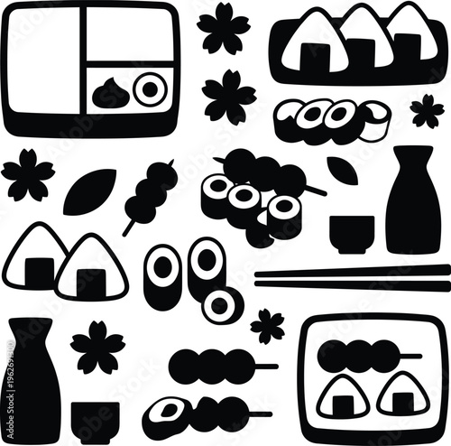 Array of black japanese food icons including sushi, onigiri, dango, and sake bottles for restaurant menus.