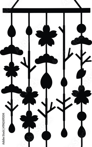 Minimalist black and white silhouette of traditional japanese tsurushi kazari hanging wall decor with floral icons.