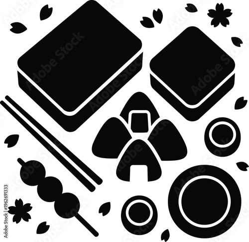 Japanese picnic bento box with onigiri rice balls and dango skewers silhouette vector drawing for sakura season.