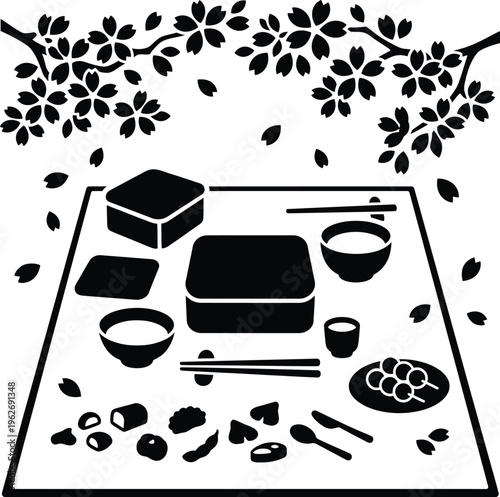 Japanese hanami picnic silhouette under cherry blossom branches with bento boxes and traditional snacks vector.