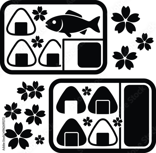 Japanese bento box with onigiri rice balls fish and sakura cherry blossom flowers black and white vector rendering.