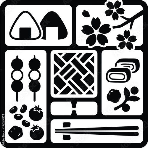 Japanese bento box vector rendering with onigiri dango and cherry blossoms for picnic and lunch assortment layout.
