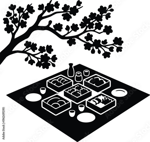 Japanese hanami picnic under blooming cherry blossom tree with bento boxes and sake silhouette vector sketch.