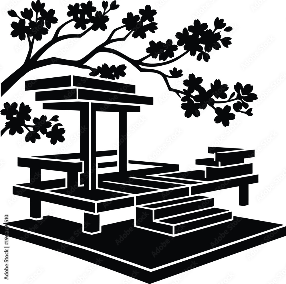 Fototapeta premium Japanese traditional pavilion silhouette with cherry blossom branches in black and white minimalist technique vector artwork.