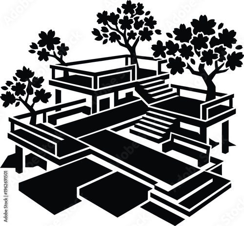 Minimalist monochrome park landscape Arrangement featuring stylized sakura trees and geometric terrace levels vector Drawing.