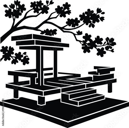 Japanese traditional pavilion silhouette with cherry blossom branches in black and white minimalist technique vector artwork.