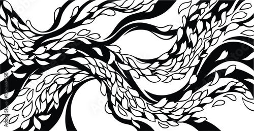 Non-representational black and white vector design of swirling wind and falling leaves for embellishing artistic backgrounds.