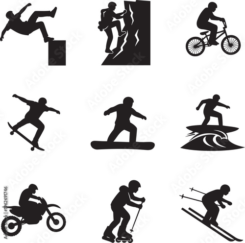 Extreme sports silhouettes, 9 action icons, outdoor adventure athlete vector set