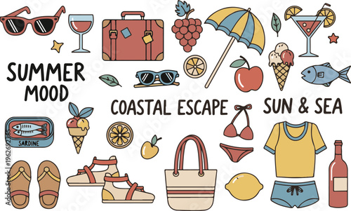 Mediterranean Retro Summer Coastal Travel Holiday, Illustration Cartoon Collection