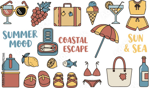 Mediterranean Retro Summer Coastal Travel Holiday, Illustration Cartoon Collection
