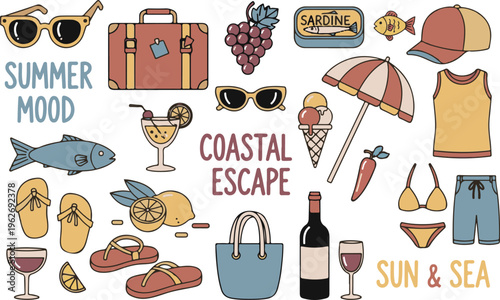 Mediterranean Retro Summer Coastal Travel Holiday, Illustration Cartoon Collection