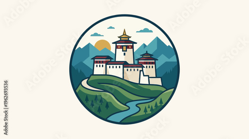 Bhutan's Ancient Fortress in a Circular Badge