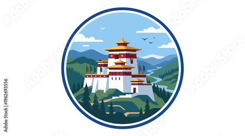 Scenic Bhutanese Fortress in a Circle