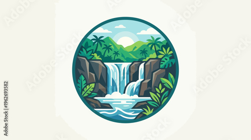 Scenic Waterfall Landscape in a Circular Frame