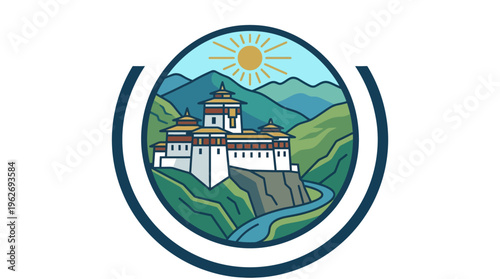 Bhutanese Temple and Landscape in Circular Emblem