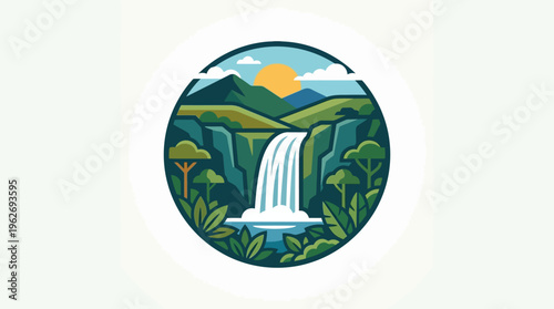 Scenic Waterfall Landscape Within a Round Frame