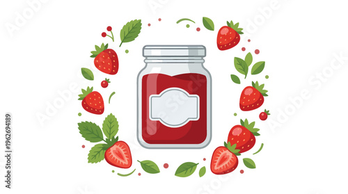Strawberry Jam in Glass Jar with Fresh Fruit Elements