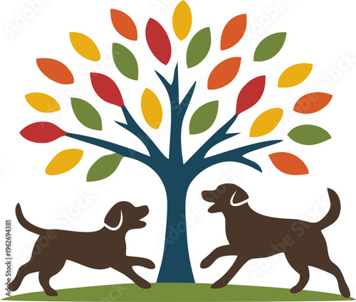 Illustration of two dogs playing in the park under a tree with colorful leaves