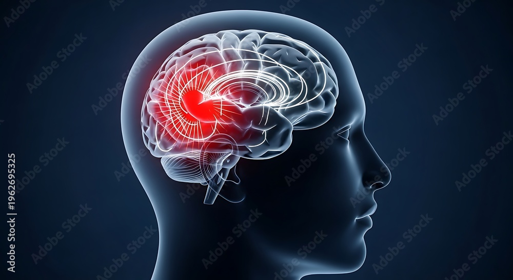 Obraz premium Translucent profile of a human head reveals a glowing red area within the brain, symbolizing headache or neurological affliction in a dark setting.