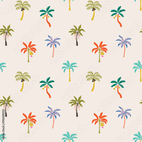 Tropical repeating palm trees with coconut and banana trees flat illustration for sunny beach resort summer design