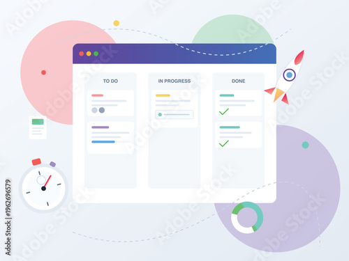 Kanban board representing a project's phases: to-do, in-progress, and done, symbolizing organization and project management