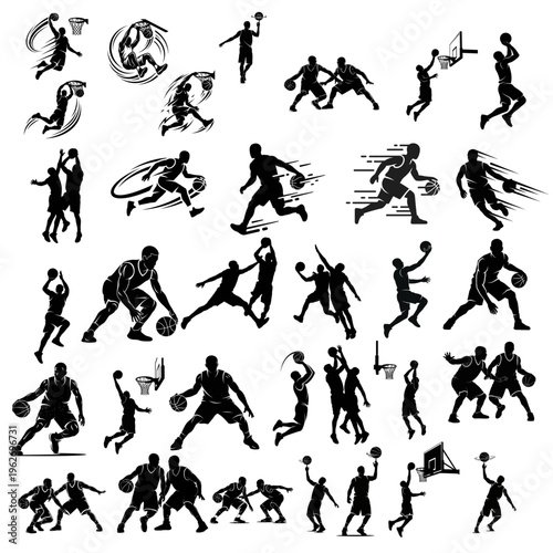 Basketball Silhouette Collection – Dynamic Player Actions, Dribbling, Shooting, Dunk, Defense Vector Set